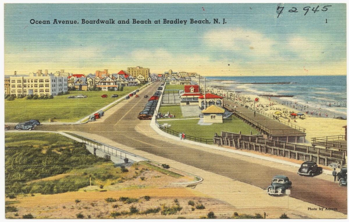 Vintage postcard of Ocean Avenue and the Bradley Beach boardwalk